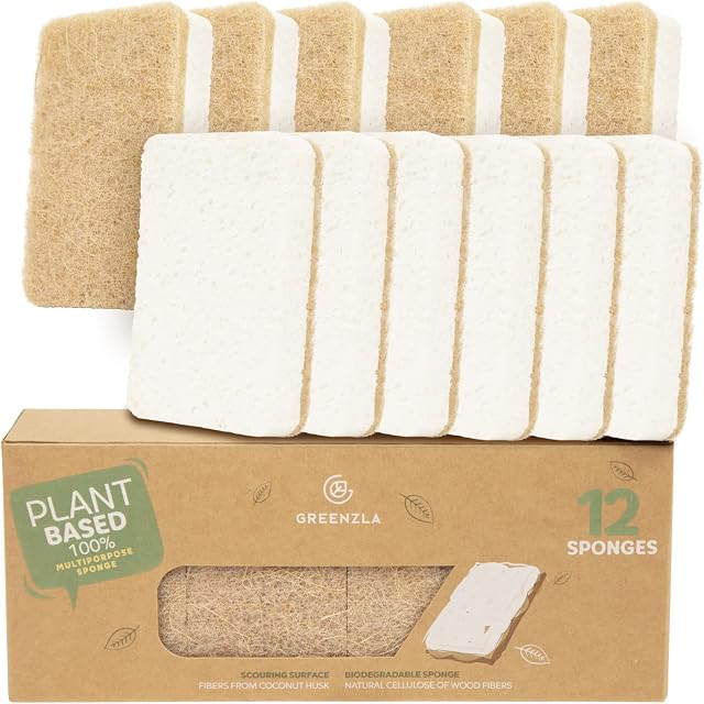 Greenzla  naturalne gąbki, 12 sztuk, przyjazna dla środowiska gąbka kuchenna do zrównoważonego życia, biodegradowalna, wielokrotnego użytku, wykonana z mieszanki konopi i sizalu