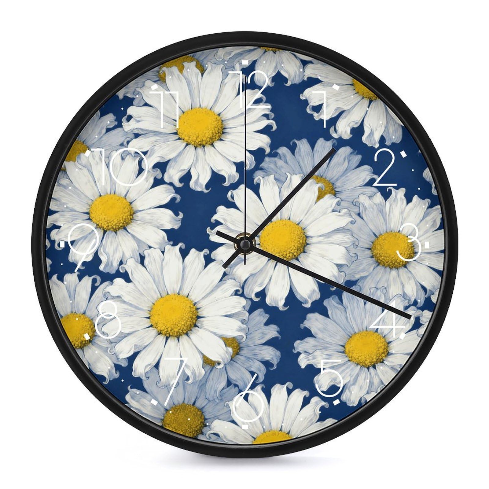 Horloge murale moderne marguerites bleues pour décoration cuisine et bureau