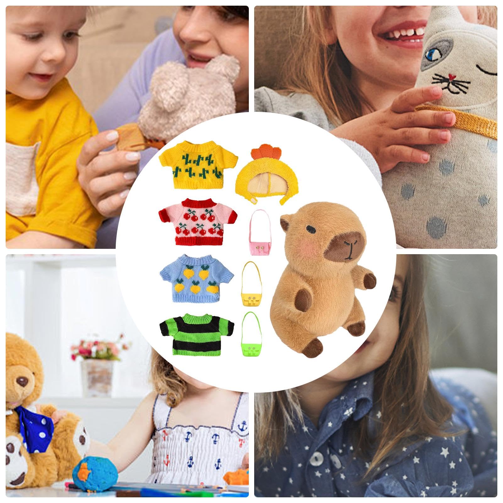 Peluche Capybara Con Ropa Y Accesorios – Set De 1 Sombrero, 4 Jerséis Y 2 Bolsillos – Muñeca De Felpa Suave Para Jugar A Vestir Y Decorar – Regalo Original Para Niños Y Niñas