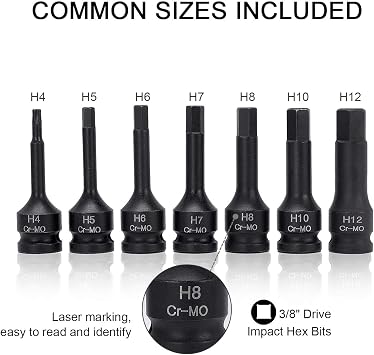 3/8 Inch Drive Hex Bits 4/5/6/7/8/10/12 MM Impact Allen Socket Set, 7 Piece Cr-Mo One-Piece Construction Metric Hex Driver Hand Tools for Repair