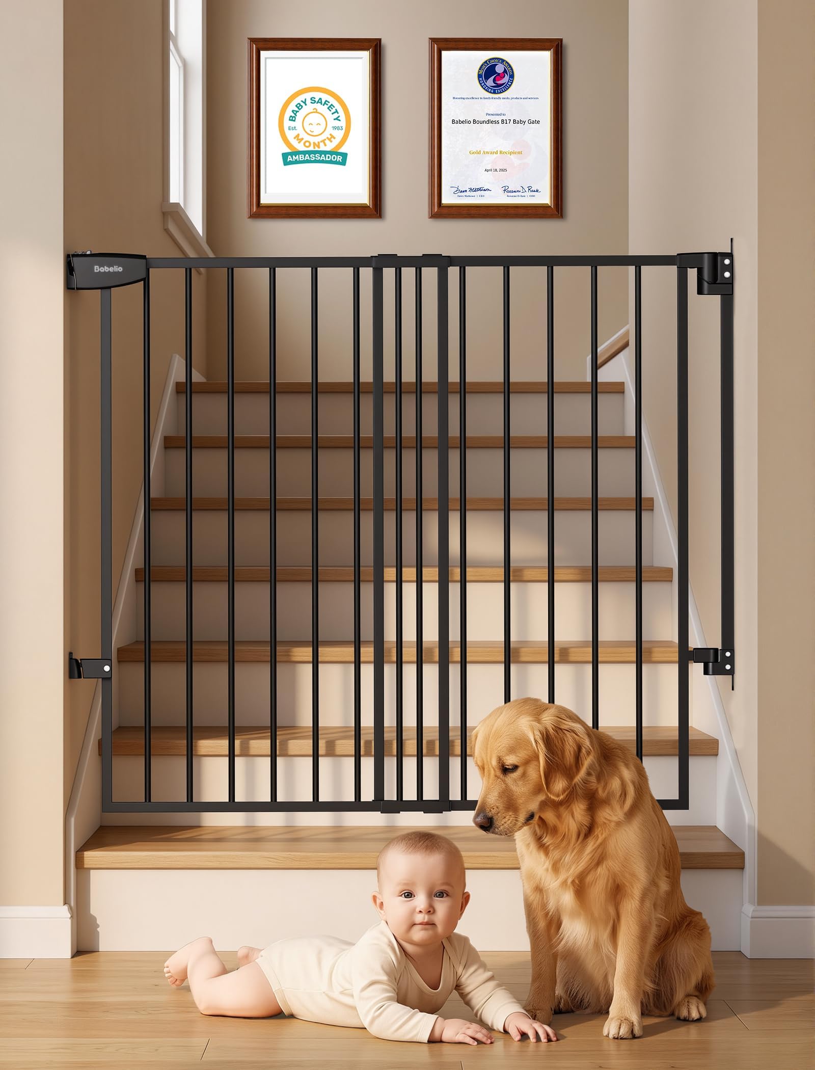Babelio 29-48" No Bottom Bar Baby Gate Extra Wide, Hardware Mount Dog Gate for The House, Stairs and Doorways, Safety Pet Gates with Large Walk Thru Door, Black