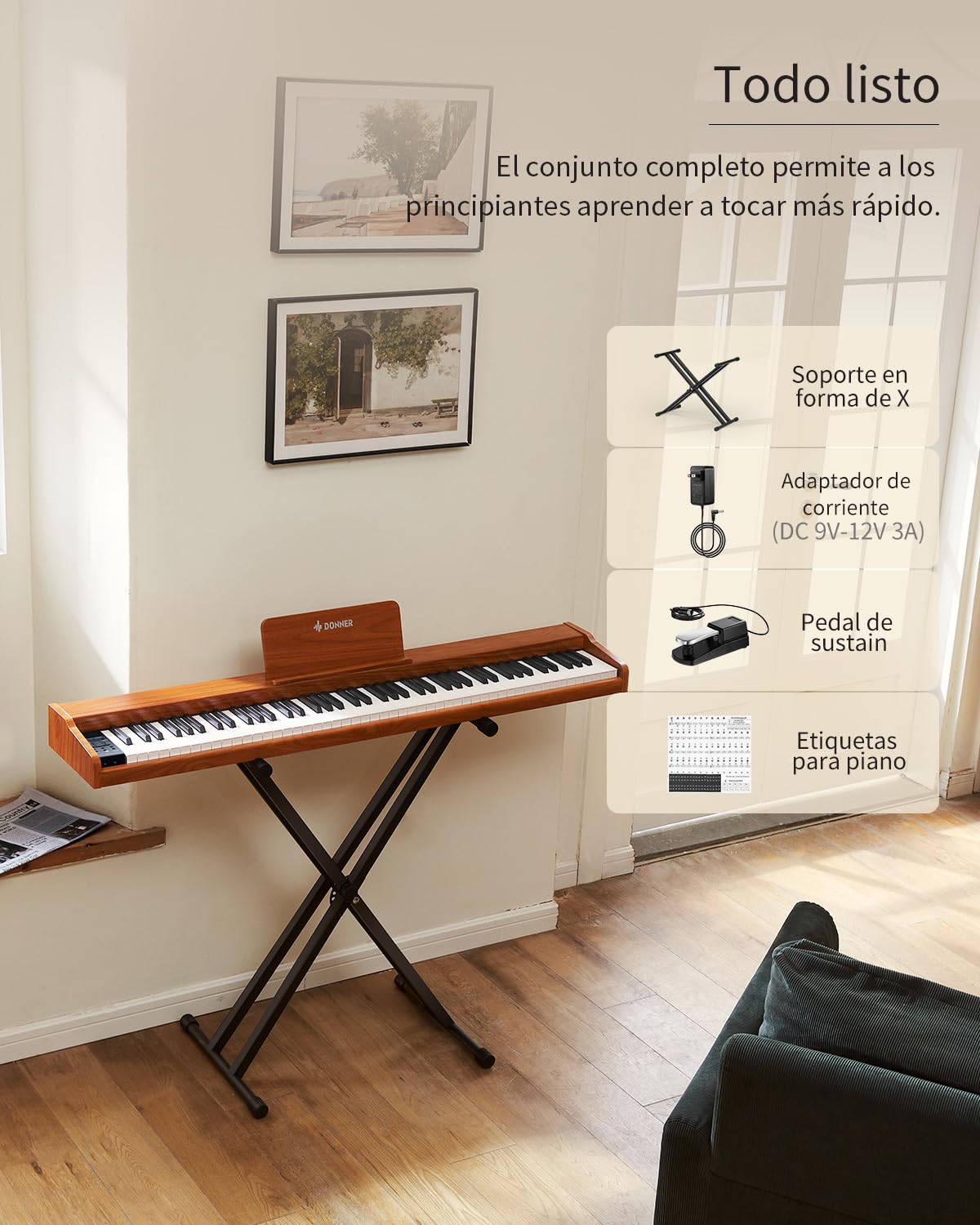 Donner DEP-1S Pianoforte Digitale 88 Tasti Sensibili al Tocco, Pianola Elettrica Portatile per Principianti con Bluetooth, 128 Suoni & 8 Brani Demo, con Supporto, Pedale e Alimentatore