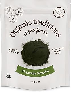 Organic Traditions Chlorella Powder, Broken Cell Wall Algae with Plant Based Protein, Essential Amino Acids, Chlorophyll & Nutrients, Eenergy Drink, Non GMO Superfood for Daily Blends, 150g/5.3oz Bag