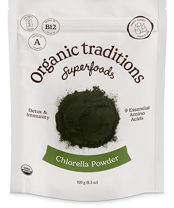 Organic Traditions Chlorella Powder, Broken Cell Wall Algae with Plant Based Protein, Essential Amino Acids, Chlorophyll & Nutrients, Eenergy Drink, Non GMO Superfood for Daily Blends, 150g/5.3oz Bag
