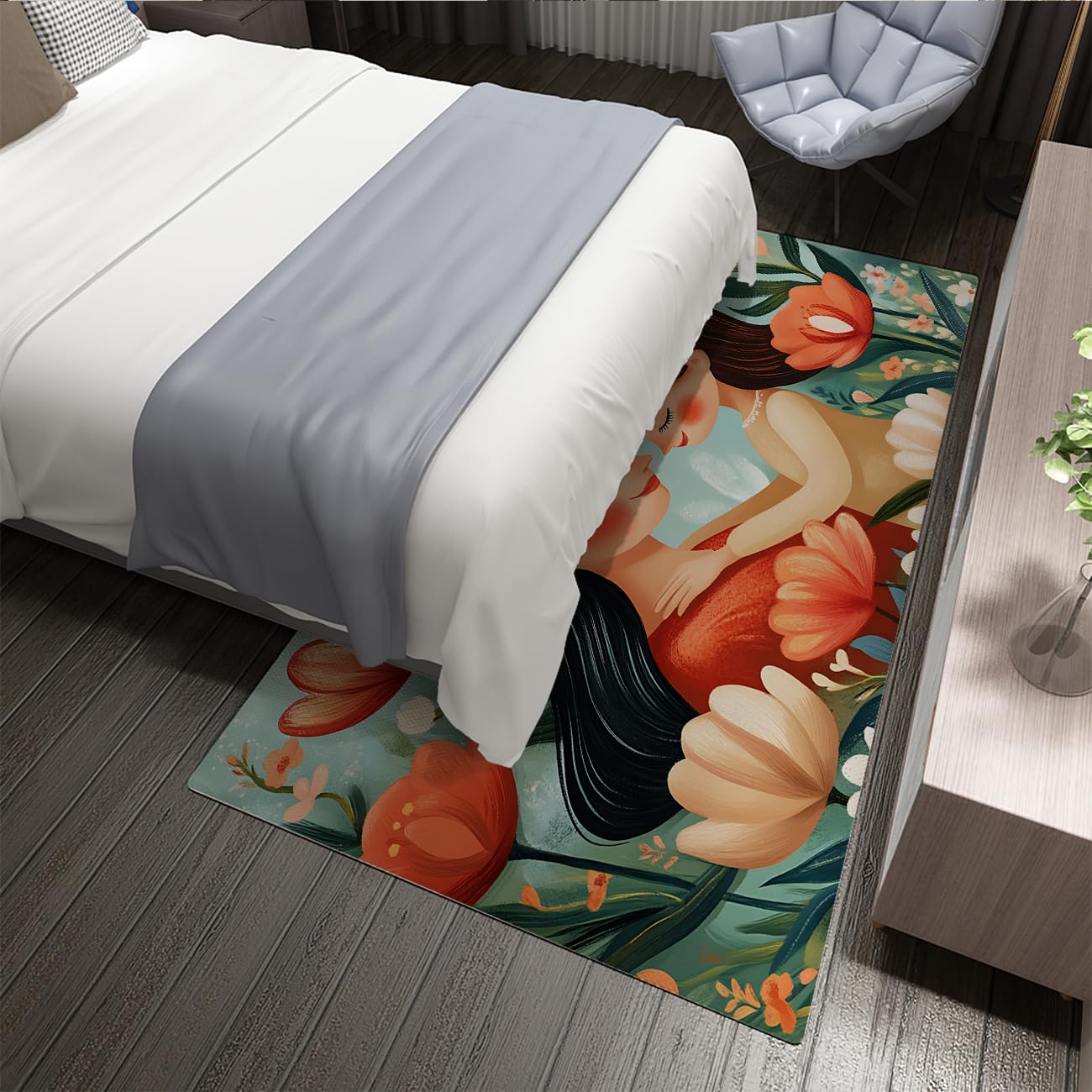 Dywan 160 x 200 cm macierzyństwo uściski między mamą i córką Obszar kwiatowy tulipan maszyna zmywalna mata antypoślizgowa dla noworodka duża cienka odporna na plamy