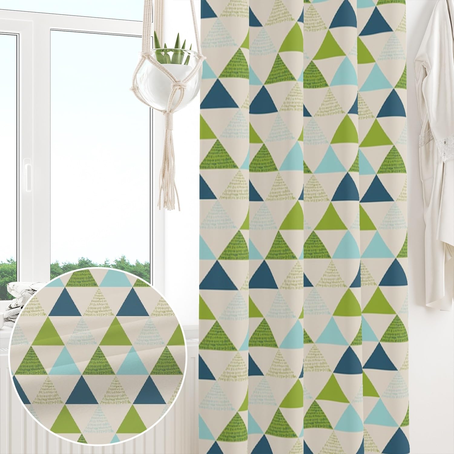 135x229cm Tenda con occhielli Blu Verde Motivo triangolo Astratto Albero geometrica Termica Divisori per ambienti Oscurante Tende per finestre per Camera da letto Soggiorno,1 pannello singolo