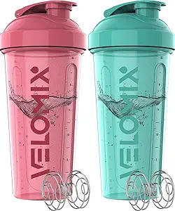 -2 Pack- 28 oz Protein Shaker Bottles for Protein Mixes - 2x Wire Whisk | Leak Proof Shaker Cups for Protein Shakes | Protein Shaker Bottle Pack (Pink/Turquise)