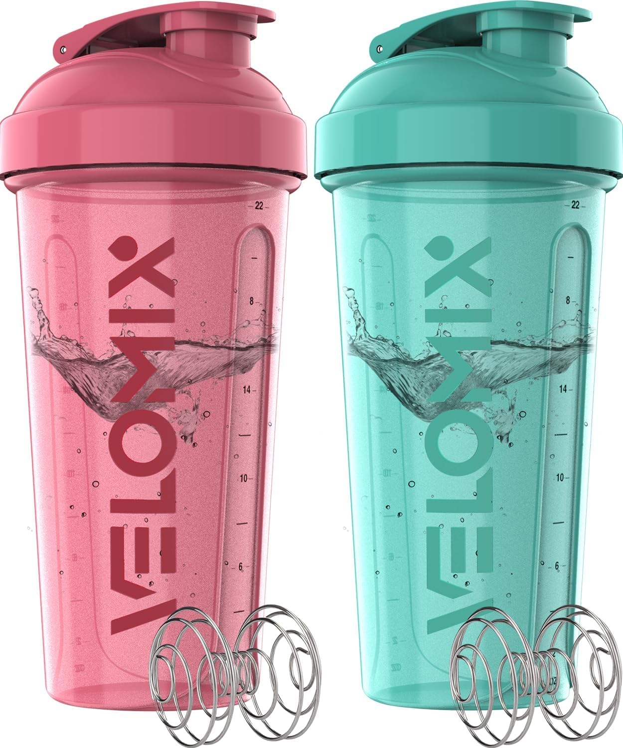 2 Pack- 28 oz Protein Shaker Bottles for Protein Mixes - 2x Wire Whisk | Leak Proof Shaker Cups for Protein Shakes | Protein Shaker Bottle Pack | Shakers for Protein Shakes-Pink&Turquise