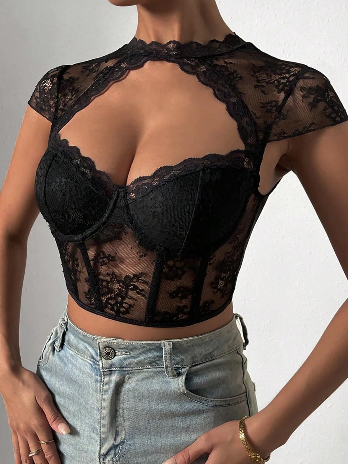 Floerns Women's Lace Bustier Corset Tops Cap Sleeve Cut Out Keyhole Neck Tee Shirts - Image 5