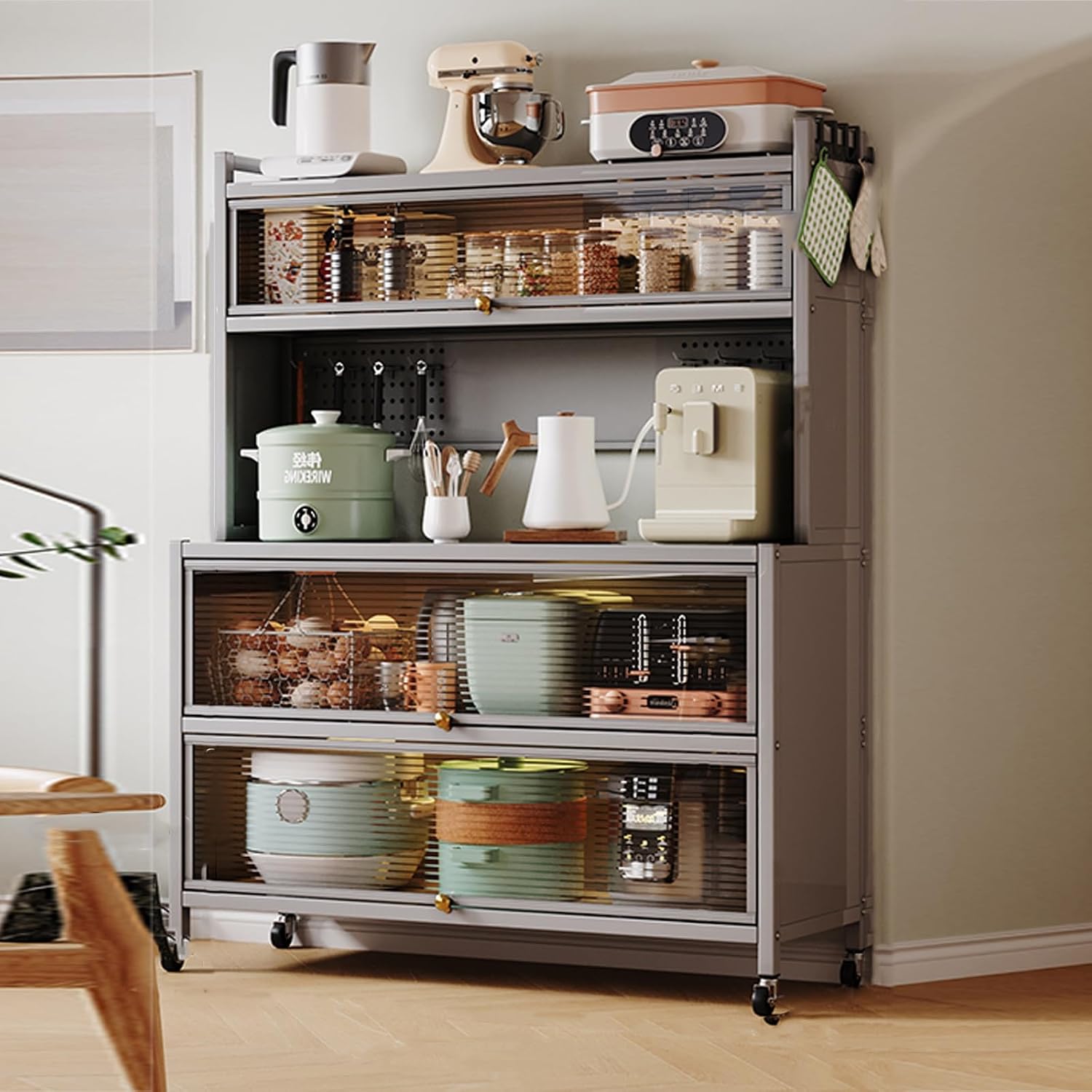 5 Tier Kitchen Bakers Rack with Storage Wheels and Pegboard Microwave Stand Nizer for Dishes Wine Pots and Pans Grey 100Cm,Gr?-100cm/39.3in