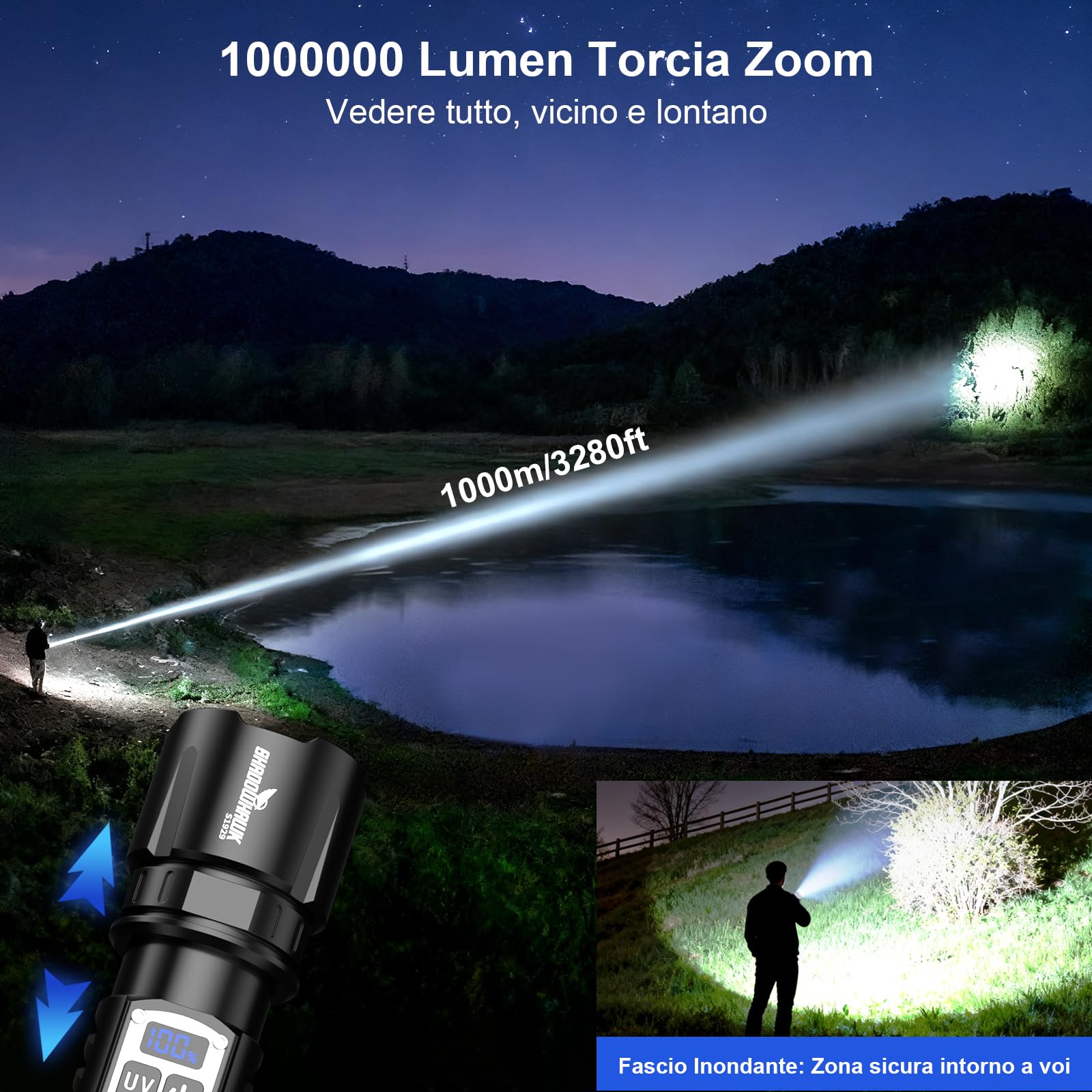 Shadowhawk Torcia LED Potente Professional 2-in-1 UV Doppio Interruttore | 1,000,000 Lumen (Bianca) Ultraluminosa con Luce UV per Campeggio/Trekking/Ispezione, Dimmerazione senza Gradi, Uso Comodo