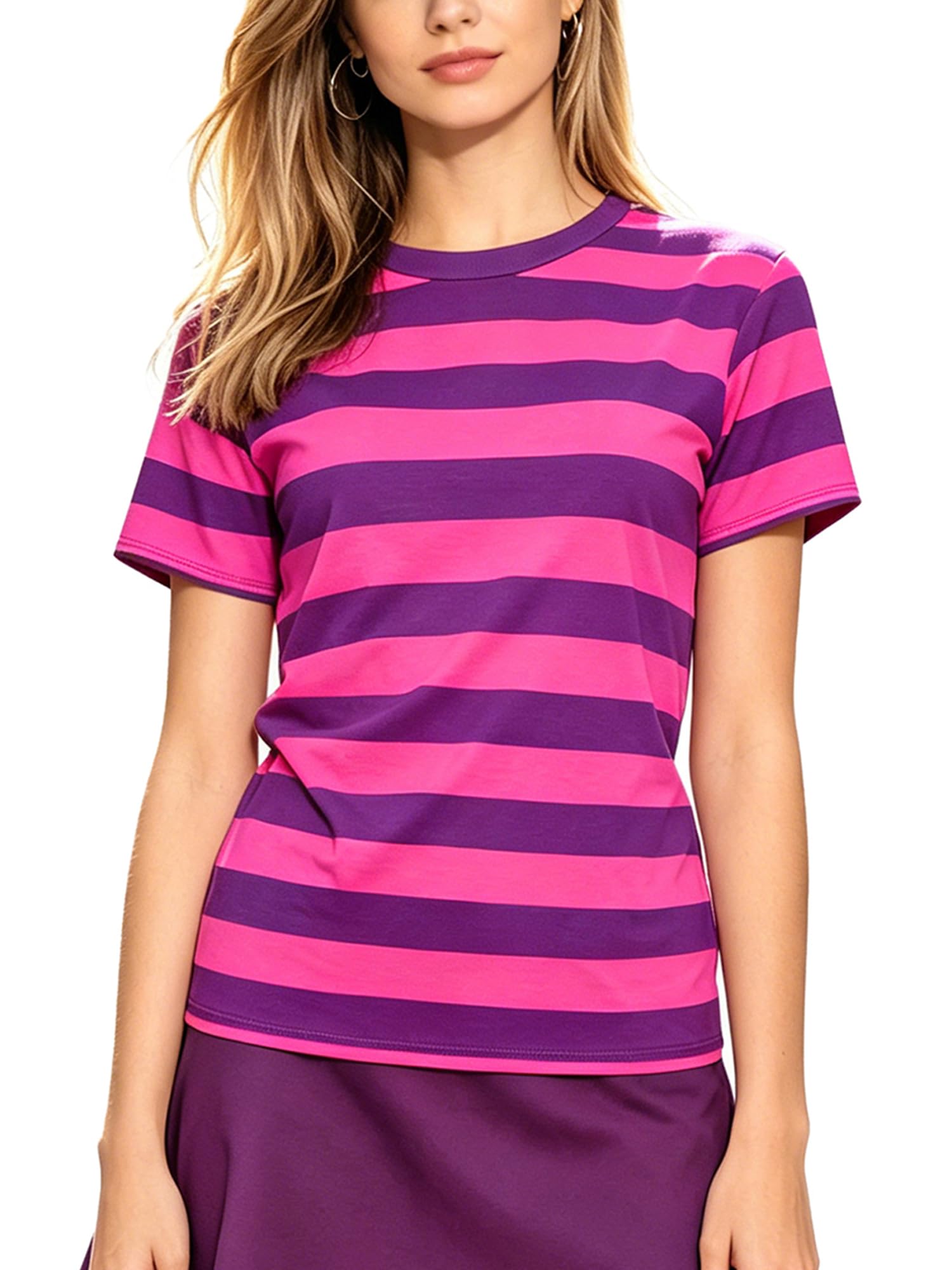 Anuedgis Women Halloween Cheshire Cat Top Pink Purple Striped Cosplay Top (A-Purple, M)