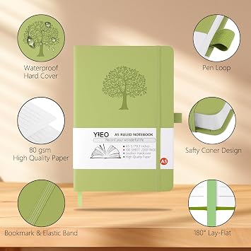 A5 Journal Notebook, 200 Pages Leather Notebook Journal for Men/Women, Hardback Note Book with 80GSM Lined Paper, No Bleed for Writing, Notepad for Office School Supplies, Green