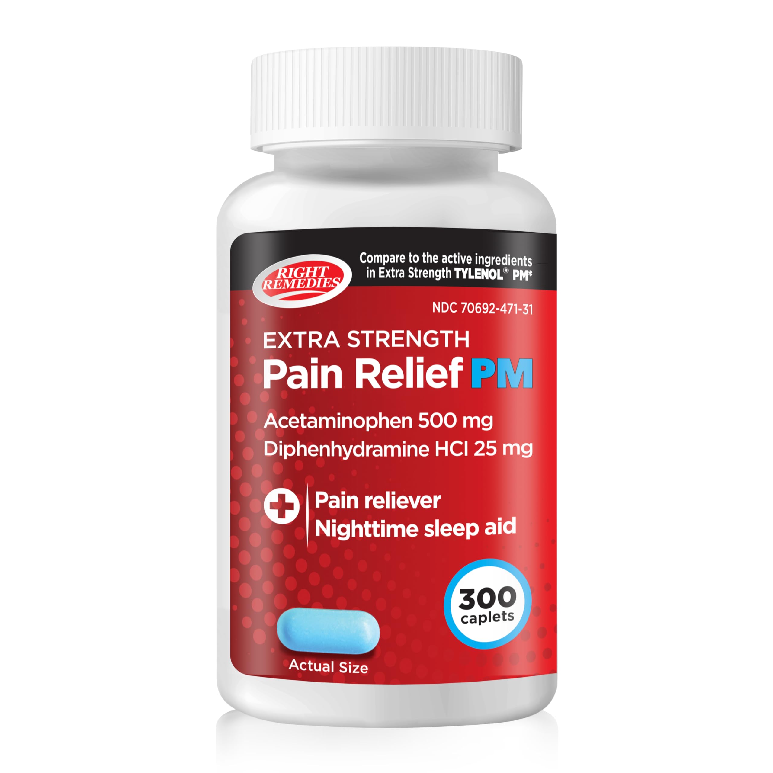 Extra Strength Pain Relief PM & Nighttime Sleep Aid Caplets,(300 count), Acetaminophen 500 mg & Diphenhydramine HCl 25 mg, Non-Habit Forming, Compare to Active ingredients of Tylenol PM