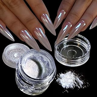 White Chrome Nail Powder Shimmer Clear Aurora Mirror Effect Ice Transparent Blue Glitter Pigment Chrome Powder for Nails Gel Polish Design Unicorn Pearl Powders 0.5g