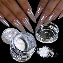 White Chrome Nail Powder Shimmer Clear Aurora Mirror Effect Ice Transparent Blue Glitter Pigment Chrome Powder for Nails Gel Polish Design Unicorn Pearl Powders 0.5g