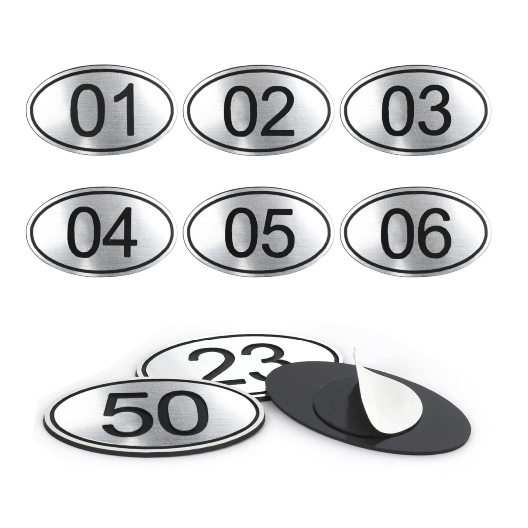 Set di 100 targhette per armadietti con numeri ovali in ABS, incisi, argentate, con nastro biadesivo, da 1 a 100