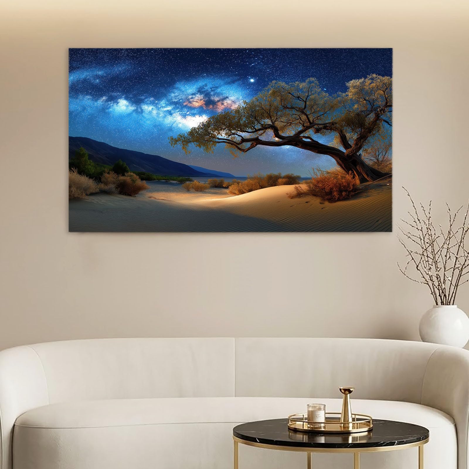 Obrazy na płótnie, gwiaździste niebo, droga mleczna, obrazy ścienne do salonu, 120 x 60 cm, druk artystyczny, obrazy na płótnie, niebieskie wydmy, drzewa, góry, dekoracja ścienna do korytarza