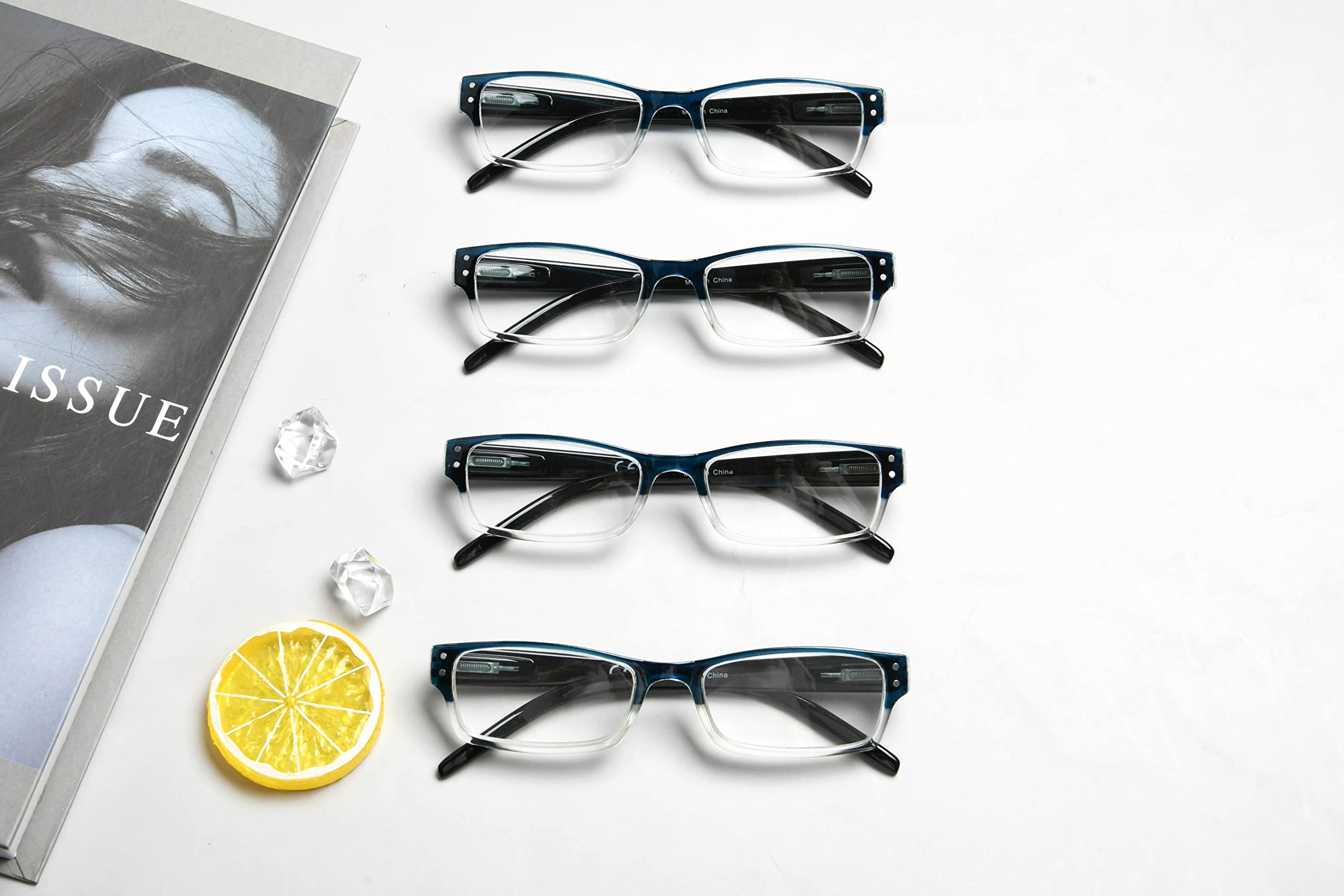 eyekepper 4 Paires Classic Lunettes de Lecture pour Femmes Hommes Rectangulaires avec Charnières à Ressort, Bleu 3.00