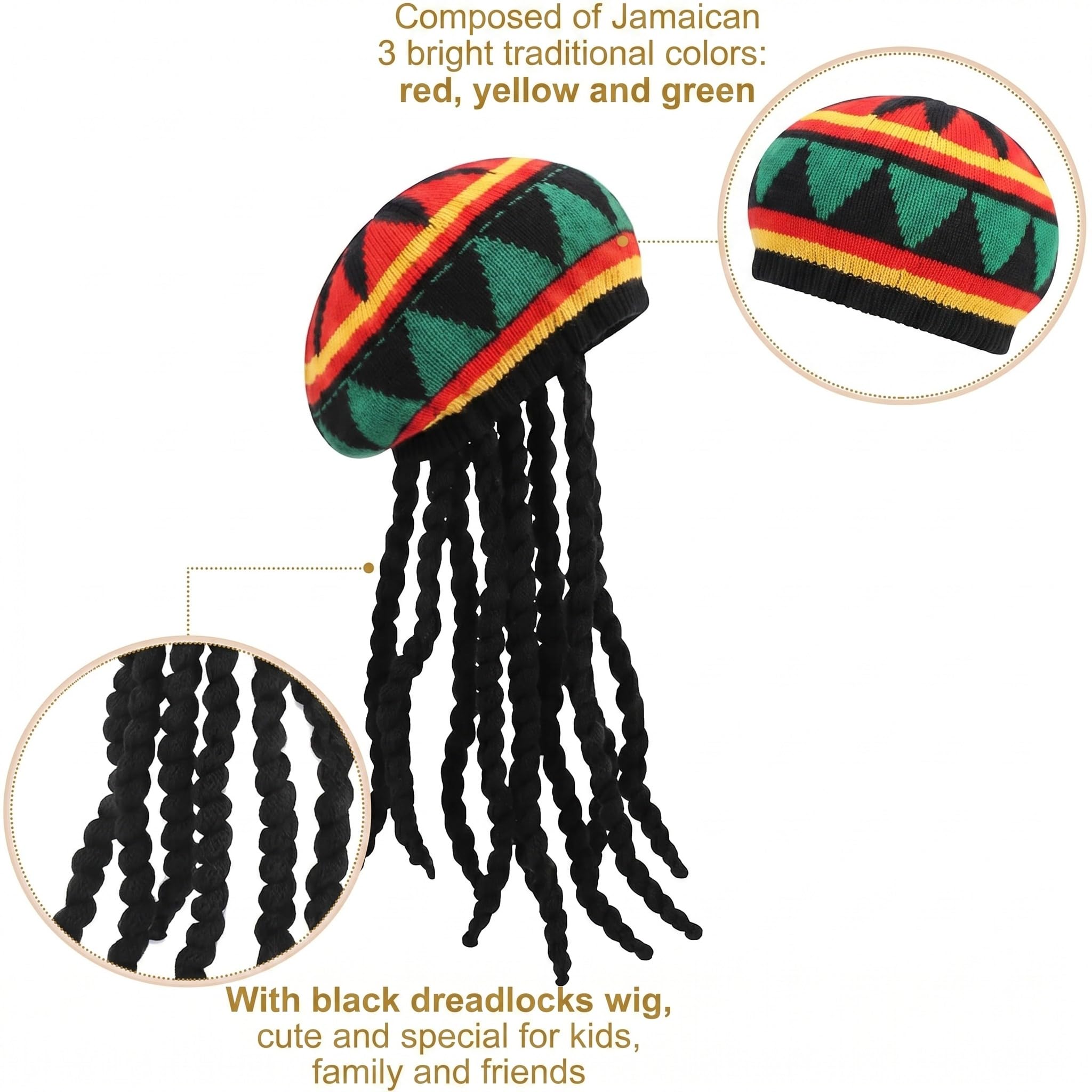 SATINIOR 3 Paquet Bonnets Rasta avec Perruque Noire Perruque Rasta avec Bonnet pour Accessoire de Costume