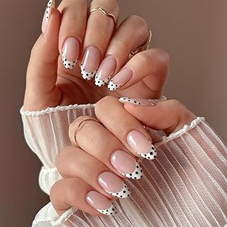 24 Stück Schwarze Polka Dot Press on Nails, Glossy Künstliche Nägel Set, Nude Pink French Tip Falsche Nägel, Almond Fake Nails Mandel Design, Diy Maniküre Wiederverwendbar