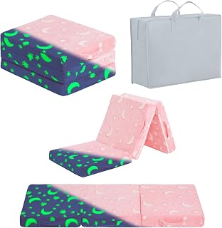 Foldable Floor Mattress for Kids, Glow in The Dark Pink Moon Toddler Washable Tri Folding Floor Mat for Nap Daycare, Child Trifold Futon Sofa Bed with Storage Bag for Playroom Girls and Boys