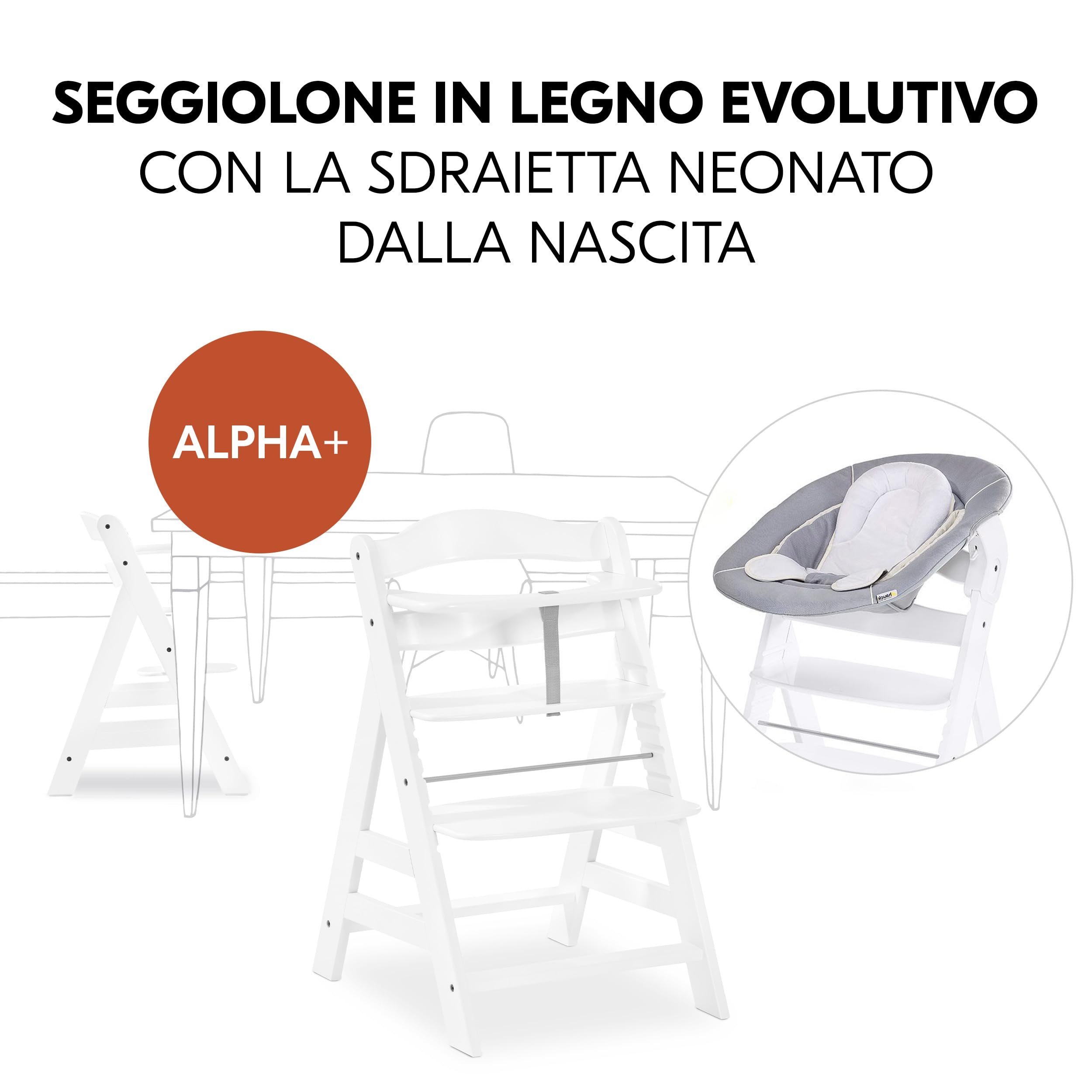 hauck Seggiolone Pappa Alpha+ Newborn con Riduttore Neonato 2 in 1, Bianco | Seggiolone evolutivo in legno dalla nascita, con cuscino seduta e sdraietta 2 in 1
