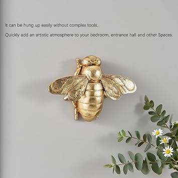 Gold Bee Figurines, 3D Hanging Honey Bee Wall Sculpture, Golden Resin insect Wall Mounted Decoration, Artwork Decor for Living Room (Antique Gold)