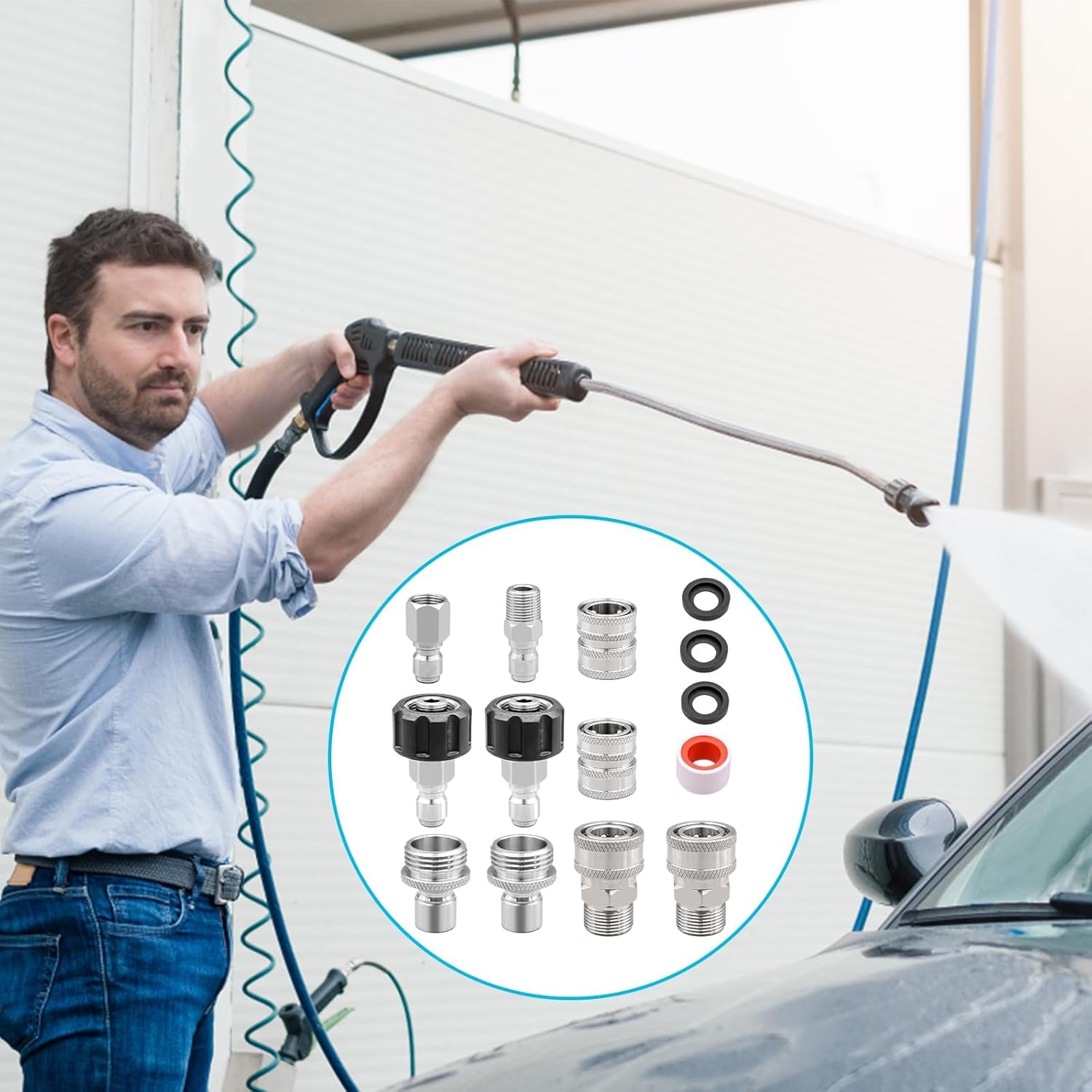 10 Pièces Adaptateur Nettoyeur Haute Pression, Connecteur Rapide Tuyau à Haute Pression Kit, Connecte Canon Lance et Tuyau Métrique, Raccord M22-14mm, M22 3/8" Connexion Rapide 3/4" Déconnexion
