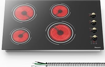 30 Inch Electric Cooktop, 6700W 240V Hard Wired, Retro Knob | 4 Burner Electric Stove 30 Inches Built-in, Timer, Safety Lock, Dual Ring, Cut-out Size 29.13" x 19.3", 220V No Plug