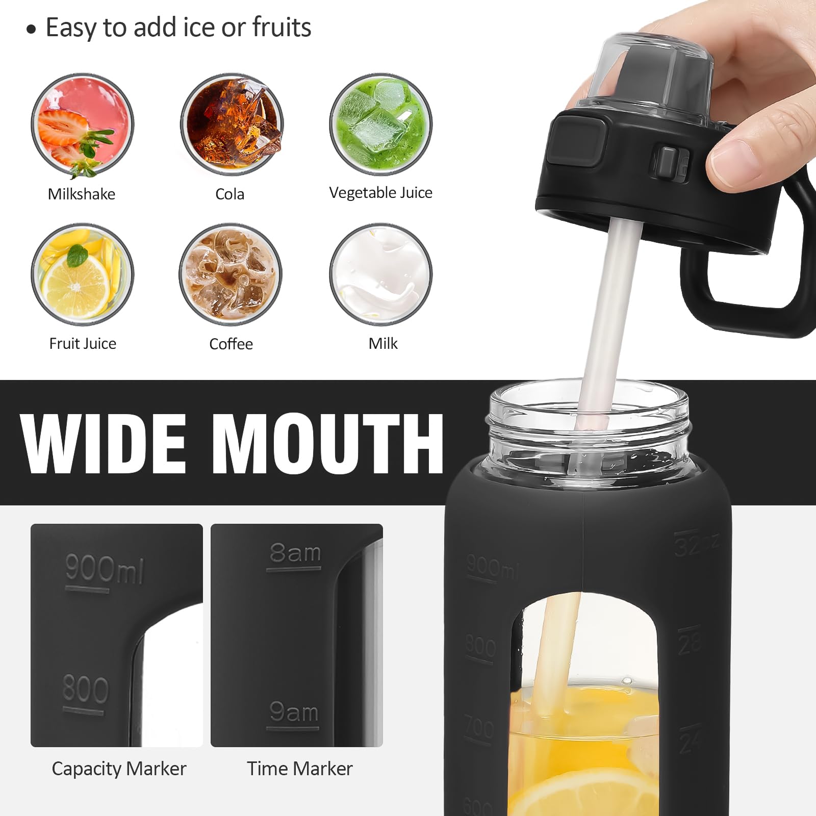 Kodrine Wasserflasche, 32oz Glas Wasserflasche mit Strohhalm, Flasche mit Verriegelungsdeckel Auslaufsicher, Sport Wasserkrug, Trinkflaschen für Fitnessstudio Reisen Zuhause, Schwarz