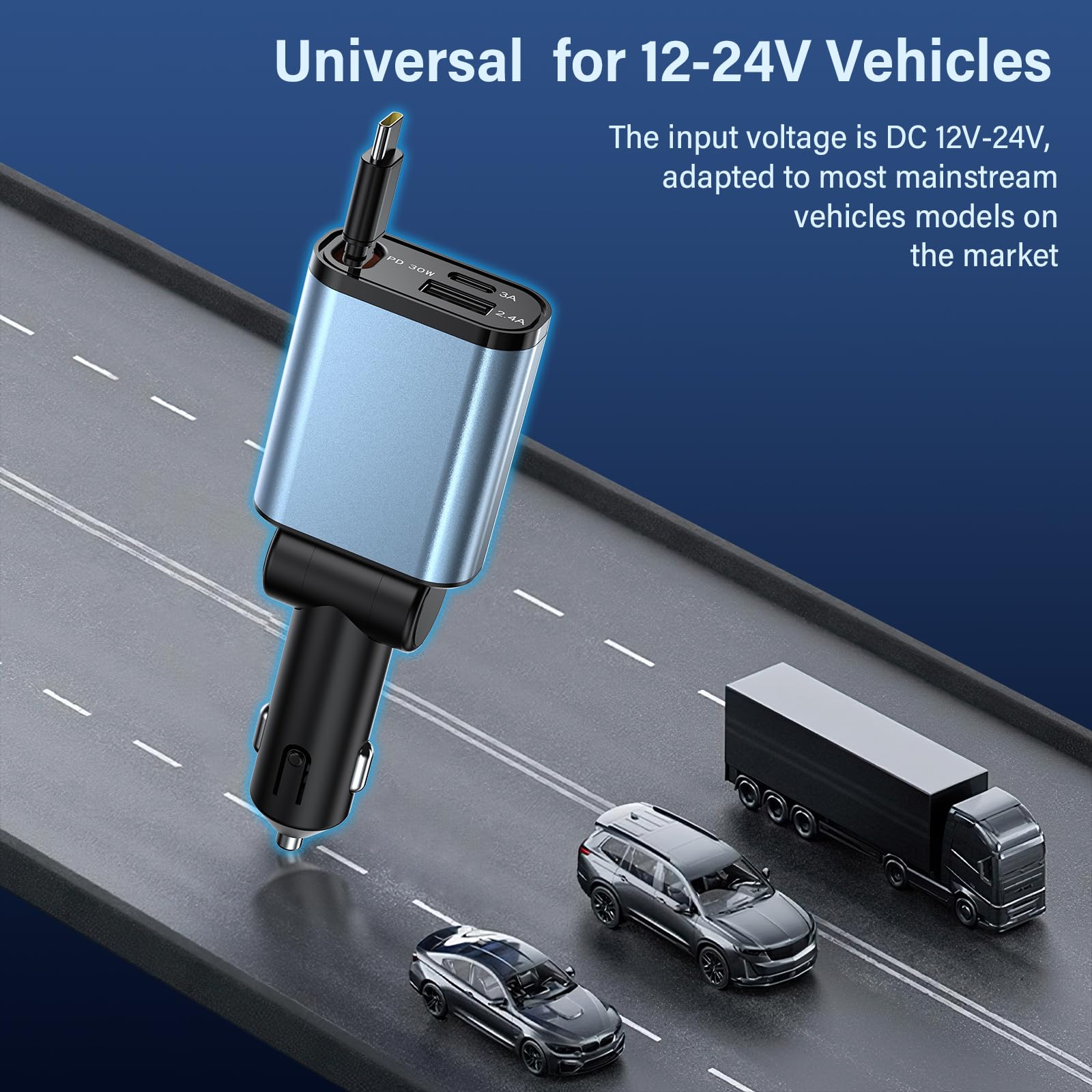 Ładowarka samochodowa USB C z kablem PD 30 W typu C, podwójny port zapalniczki samochodowej adapter 15 W USB-C + 12 W USB, 180° Flip kompaktowa ładowarka samochodowa 12 V/24 V do smartfonów i tabletów