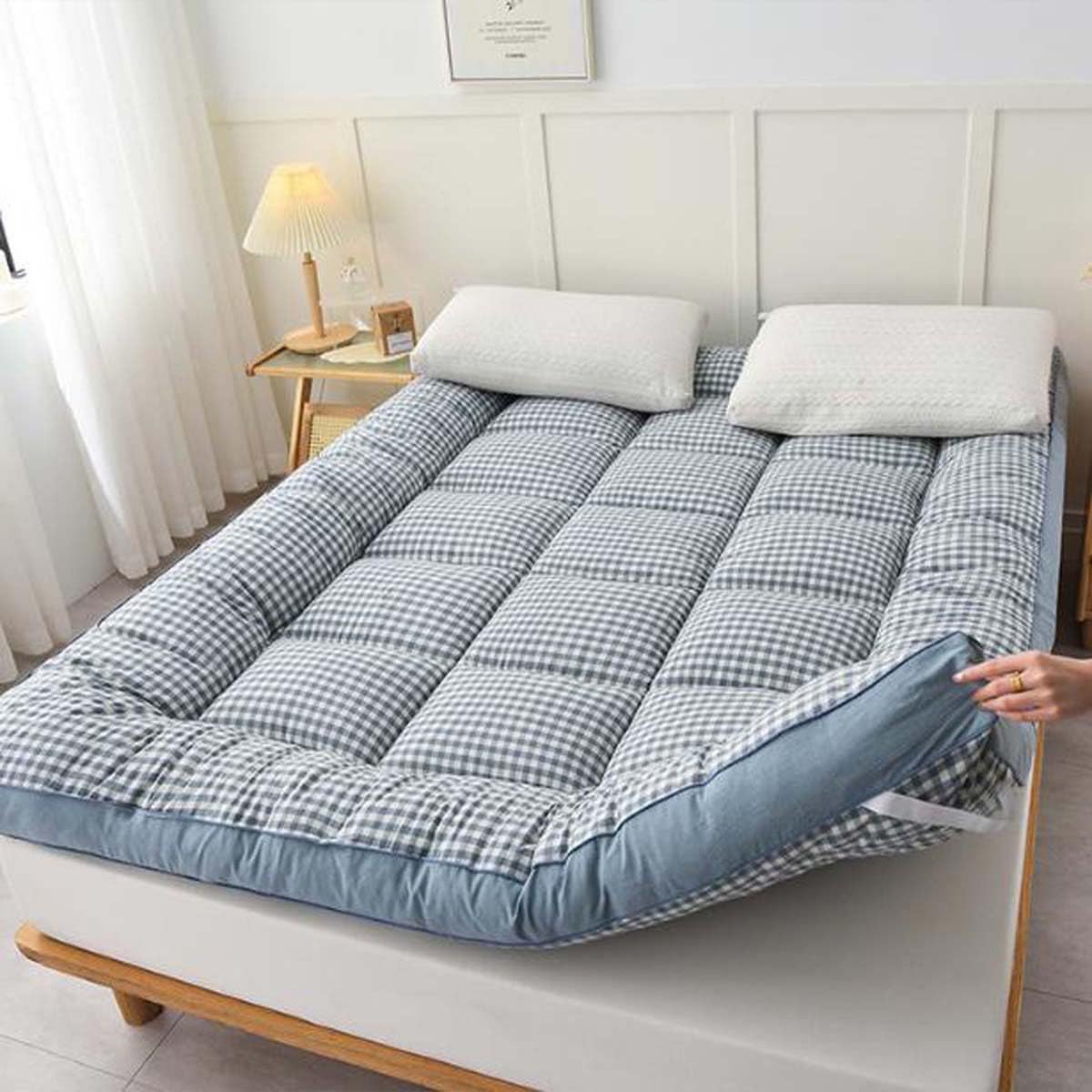 Danchen Matelas de sol futon, matelas de sol pliable, enroulable et doux, extra épais et doux, pour lit, dortoirs, camping, canapés, chaises longues (180 x 200 cm, carreaux gris)