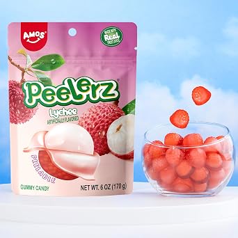 AMOS Peelerz Lychee Peelable Gummy Candy, 6oz (170g) Case of 12 Bags, Peelable Gummies Made with Real Fruit Juice, Resealable Bags, Fun Peeling Candy Snack for Kids and Adults