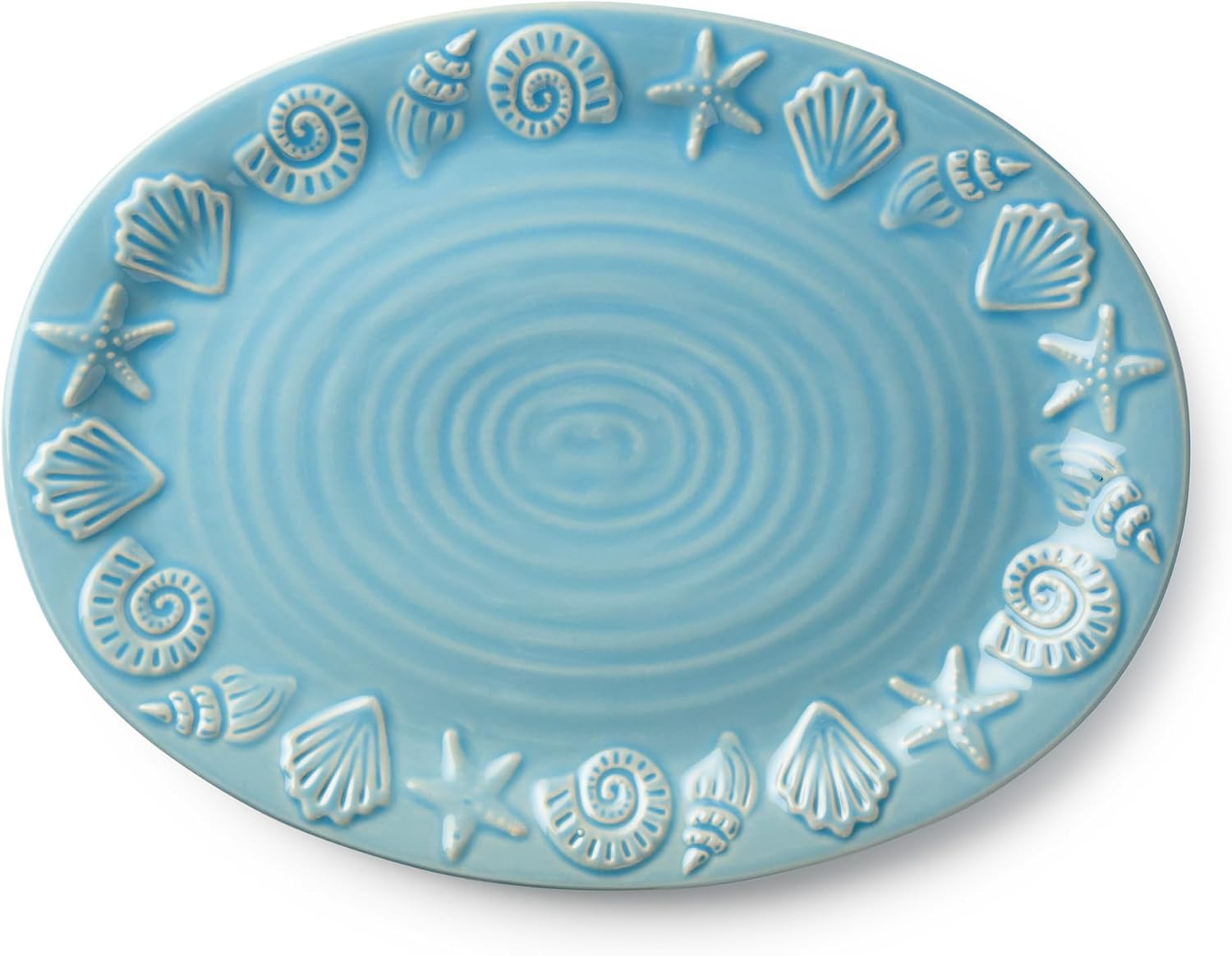 Coastline Blue Stoneware OVAL PLATTER 16 x 12 Inches, embossed coastal shell and starfish design with glossy sea-blue glaze for relaxed beach house entertaining and everyday coastal dining