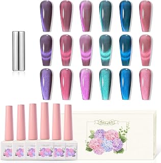 ADHERE 12ML Cat Eye Gel Nail Polish Kit, Magnetic Gel Polish 6 Colors with 1 Magnets, Holographic Glitter Series Cat Eye Gel Polish Soak Off Nail Art Salon Home DIY