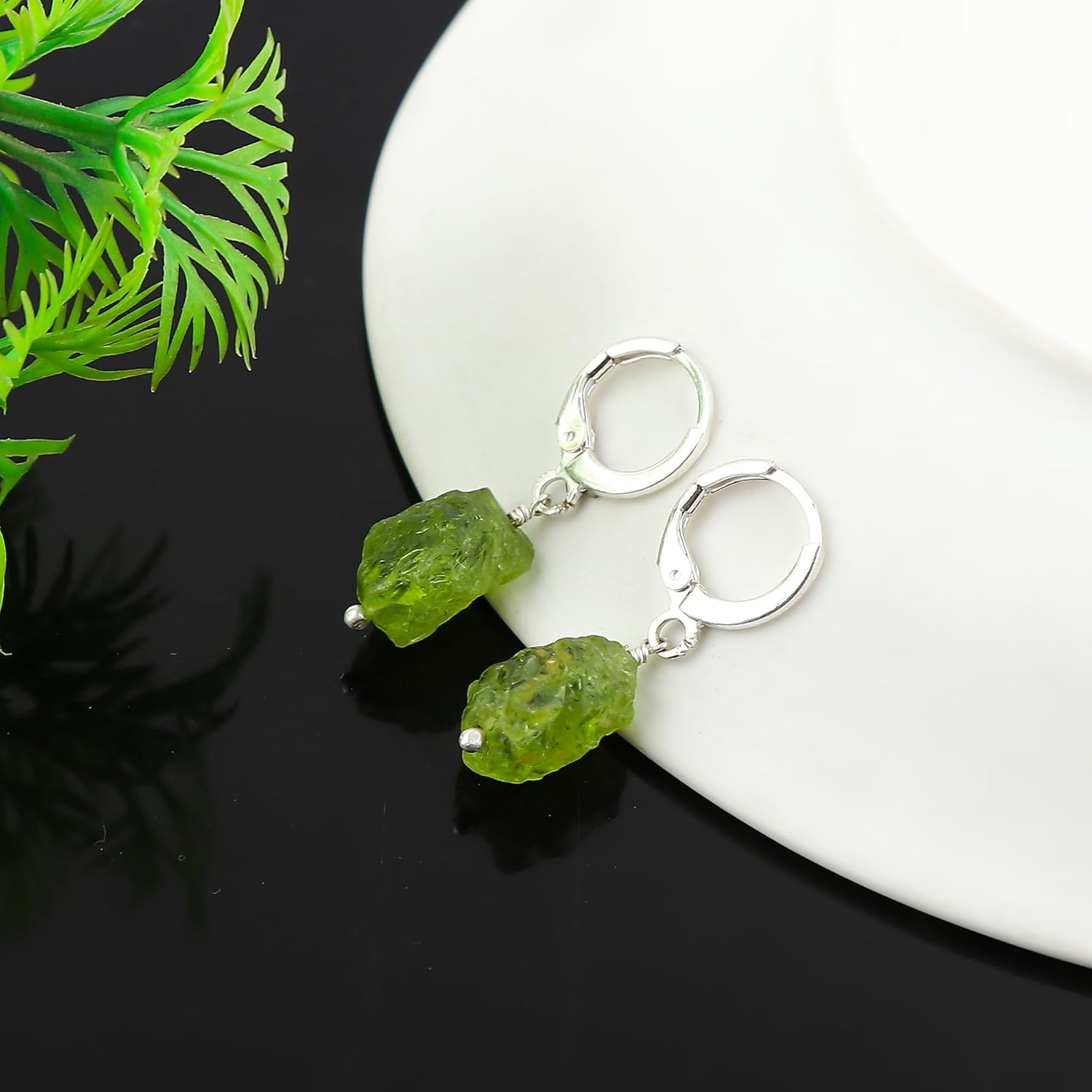 Natural Raw Peridot Gemstone Hoops Earrings, Rough Stones Dainty Earrings, August Birthstone, Chakra & Healing Crystals, Silver Plated Bohemian Jewelry, Gift for Women - Image 4