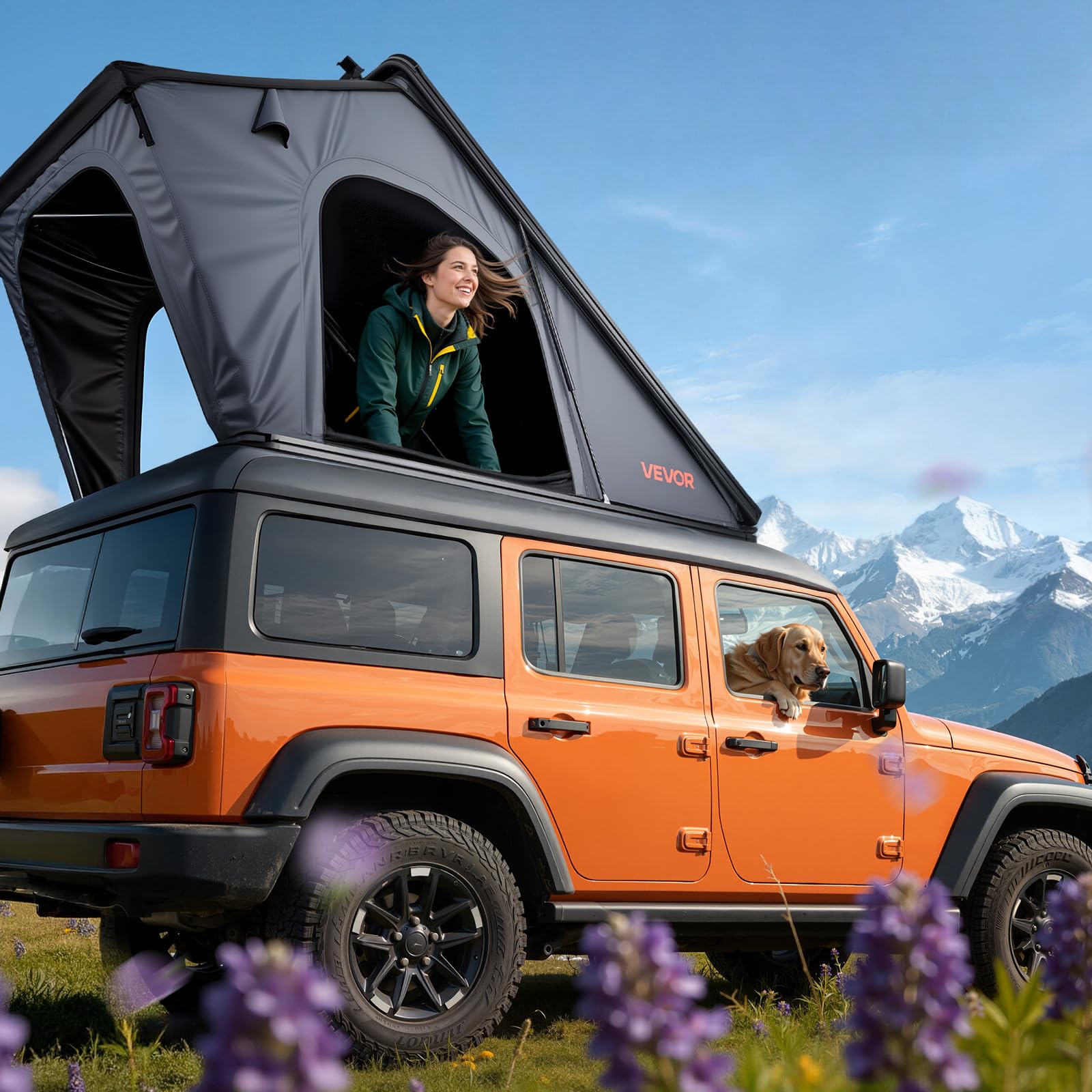 VEVOR Tente de Toit pour Voiture, Tente de Toit à Coque Rigide pour 2-3 Personnes, pour Camping Caravane, en Aluminium, avec Éclairage LED Tricolore, Matelas Épais et Fenêtre, Étanche et Coupe-Vent