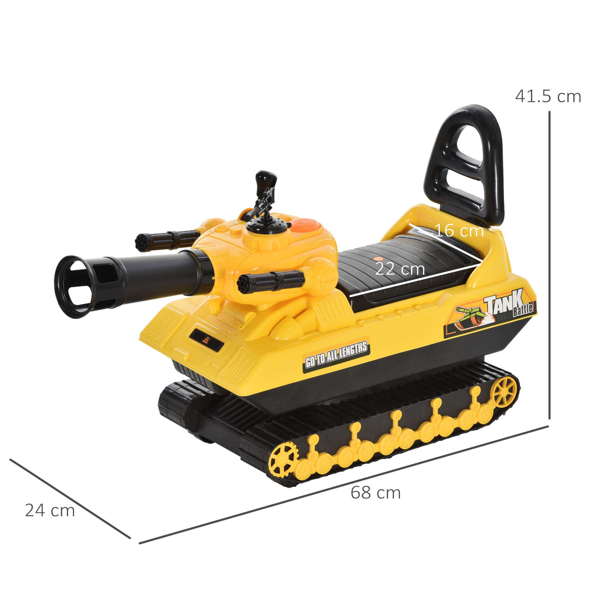 HOMCOM Macchina Cavalcabile per Bambini con Cannone Spara Palline e Vano Contenitore, Carro Armato per Bambini 3+Anni, 68x24x41.5cm, Giallo