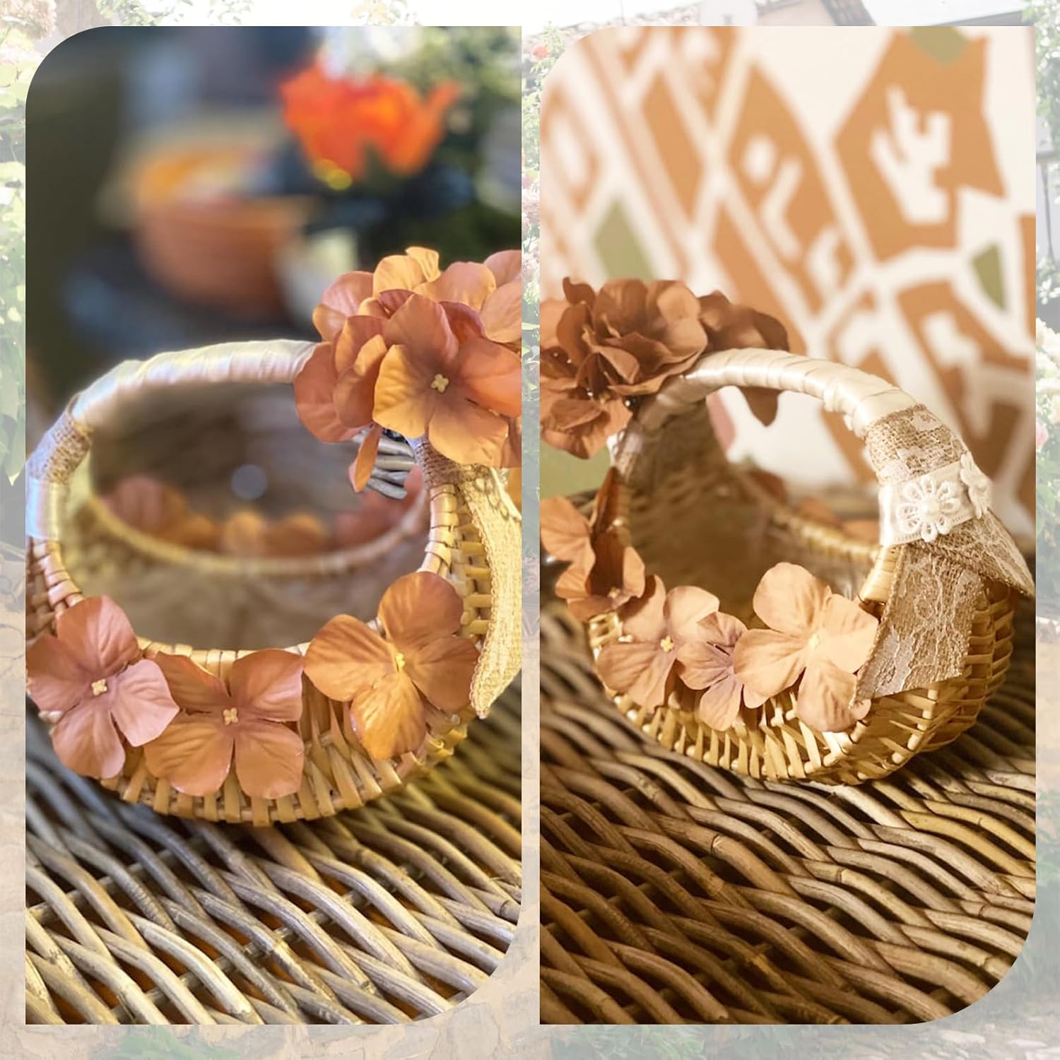 3 Pack Flower Girl Baskets Small Half Moon Wicker Basket with Handle Rattan Basket with Plastic Lining for Wedding, Picnic, Garden, Home Decor