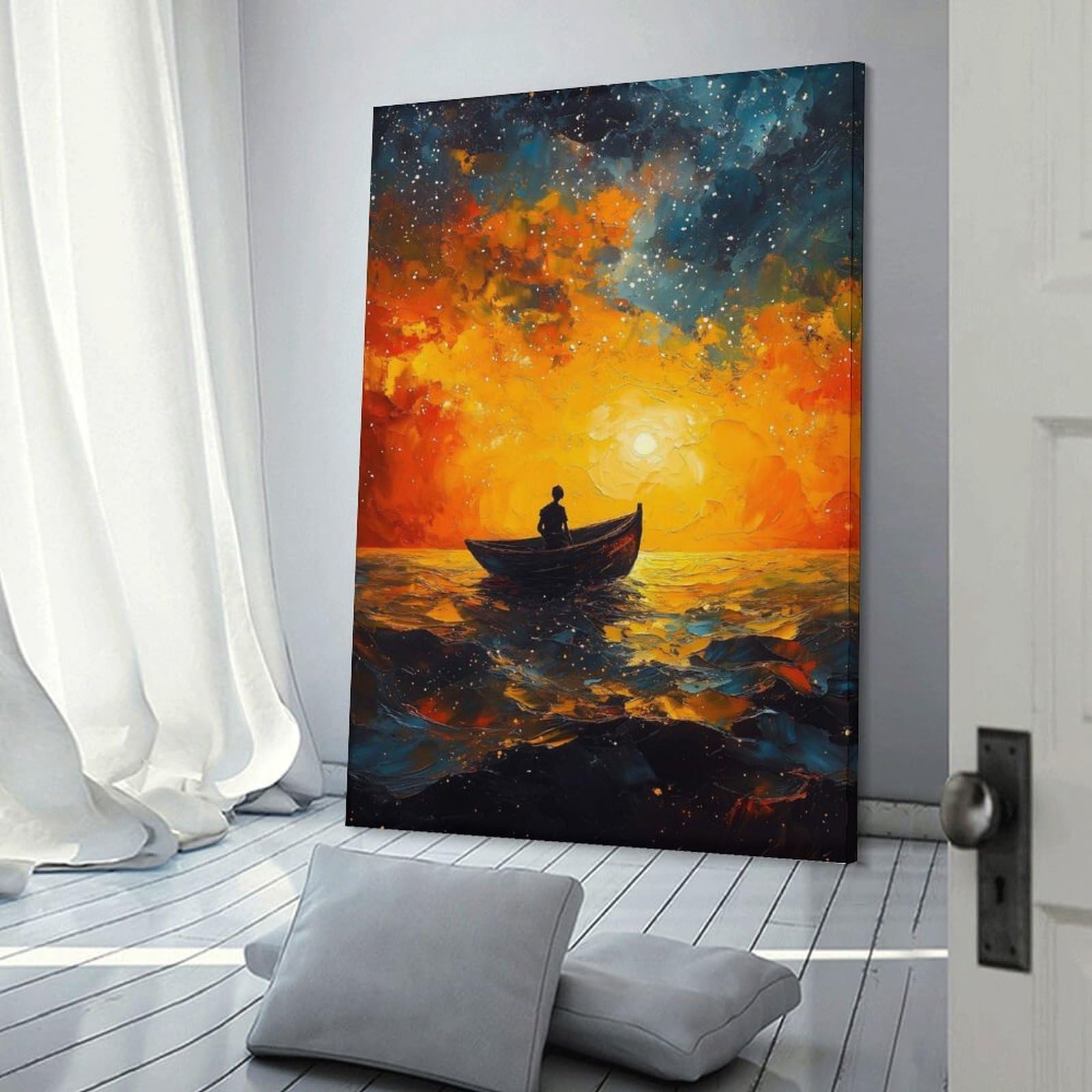 Junmoney Frame-Style-13 Hanging Wall Art Boat On Water At Sunset Painting, 08X12inch(20X30cm), For Gallery Wall Layouts In Home Or Office, An Easy Match For Collected Prints