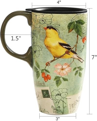 Miniatura 6 de TZSSP Taza de viaje de cerámica de 17 onzas con tapa, taza de café y té de porcelana, diseño de pájaro cantor, apta para lavavajillas