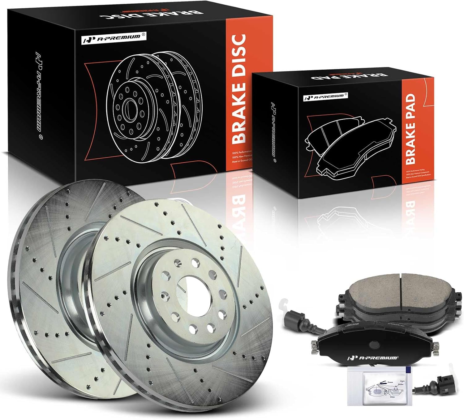 A-Premium 13.39 in (340 mm) Front Drilled and Slotted Disc Brake Rotors + Ceramic Pads Kit Compatible with Select Volkswagen & Audi Models - Jetta, Golf R, Tiguan, CC, GTI, Arteon, Q3, S3, 6-PC Set