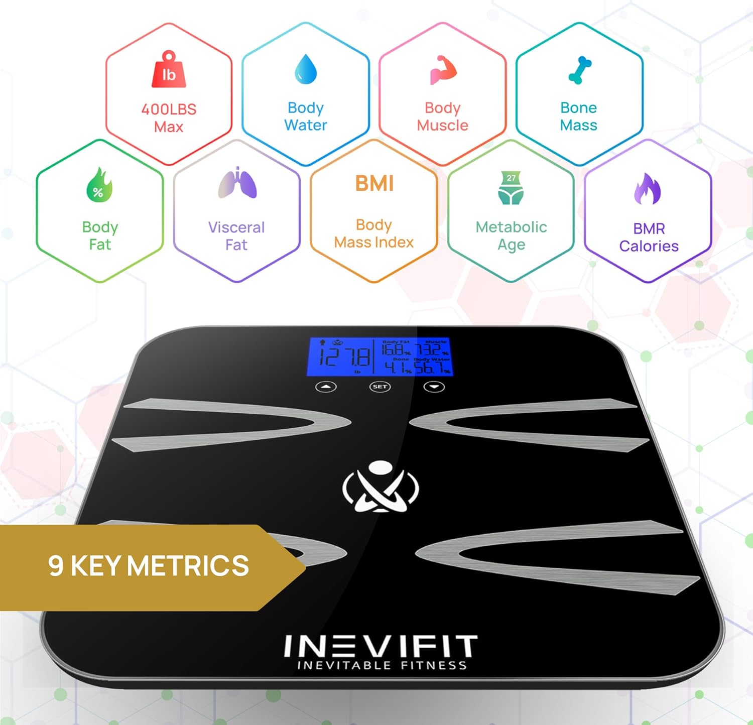 INEVIFIT Body-Analyzer Scale, Highly Accurate Digital Bathroom Body Composition Analyzer, Measures Weight, Body Fat, Water, Muscle, BMI, Visceral Levels & Bone Mass for 10 Users. Includes Batteries