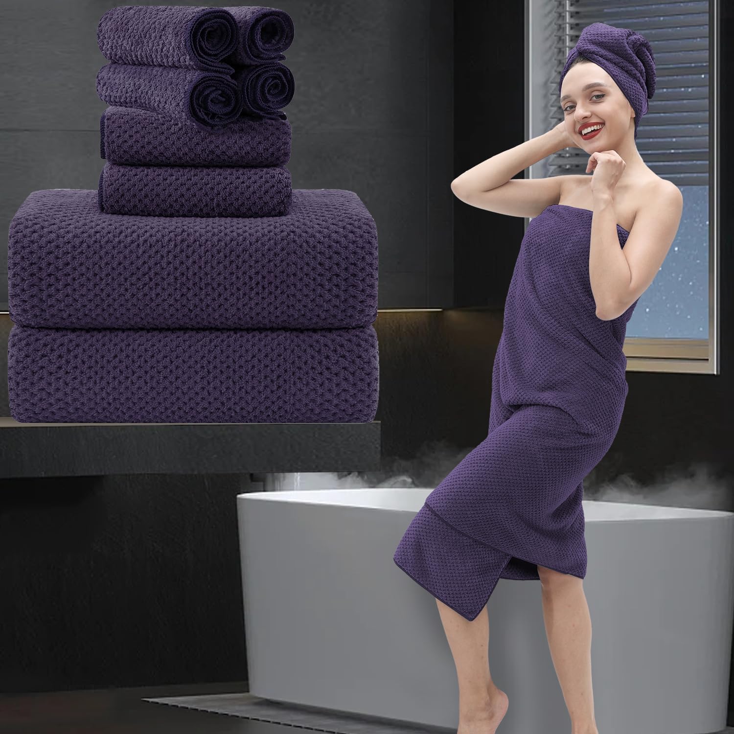 Towel Set 600g 8 Piece Bathroom Towels with 2 Oversized Bath Sheets, 2 Hand Towels and 4 Washcloths, Soft Absorbent Quick Dry Towel，Collection for Home Hotel (Dark purple)