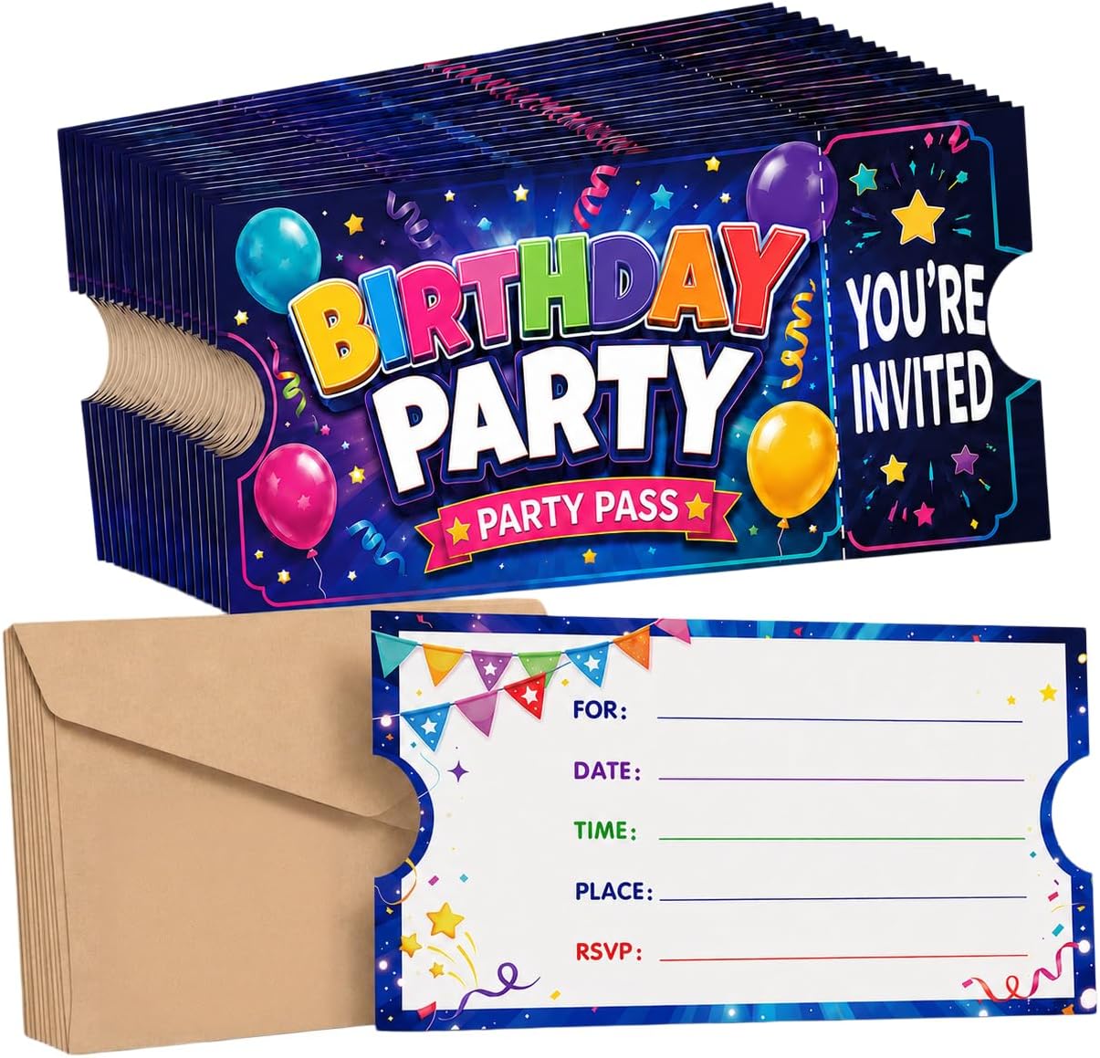 30 Pack Birthday Party Invitations, Tear-Off Tickets, 5.9 x 3.15 in
