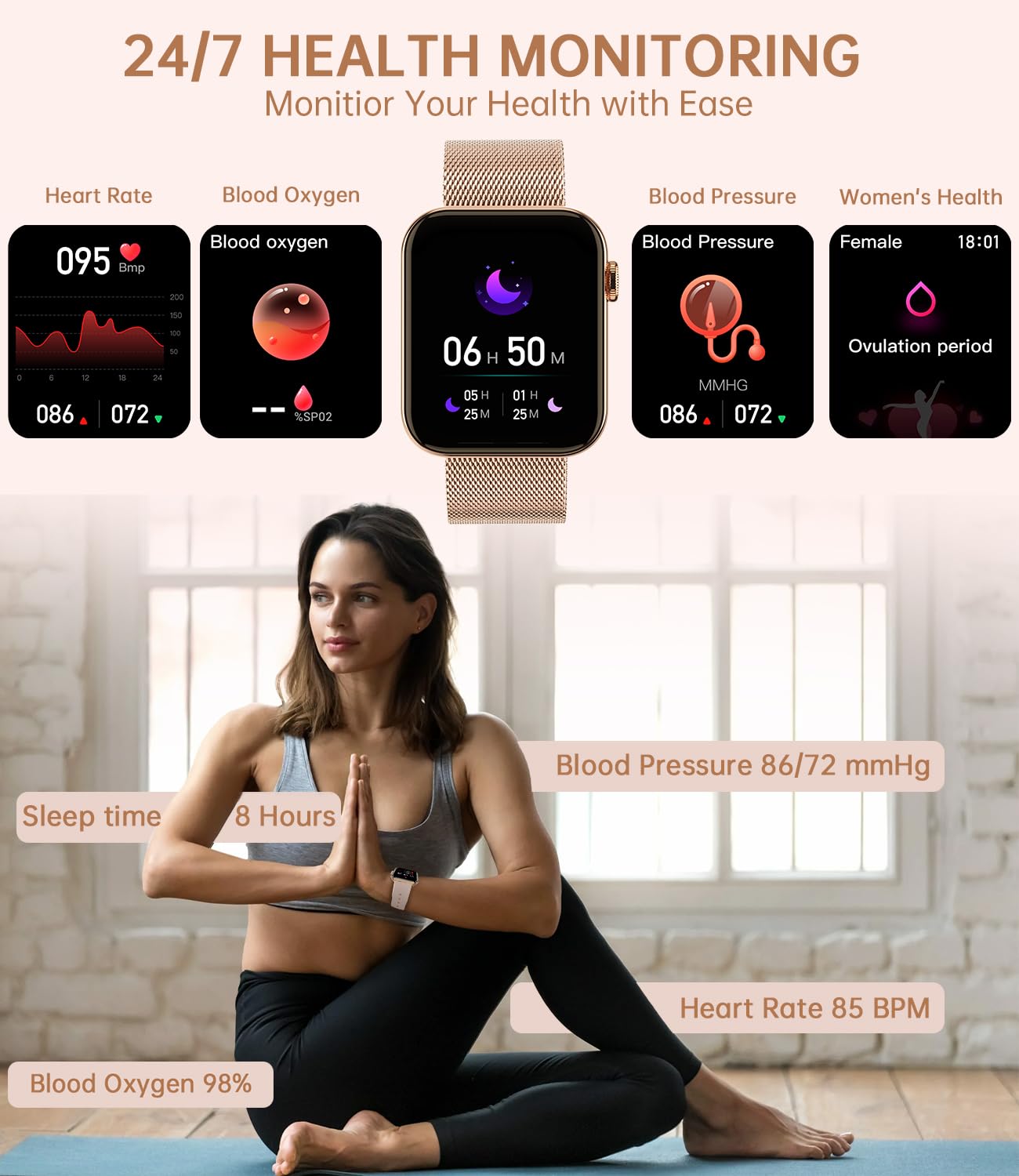 Reloj Inteligente Mujer con Llamadas y Whatsapp Notificación, 1,85" HD Smartwatch Mujer para Android iOS 3 Correas Pulsera Actividad con Pulsómetro SpO2 Sueño Función Femenina Podómetro
