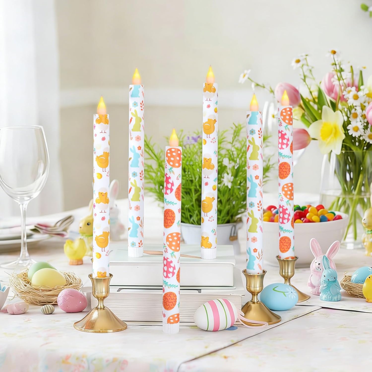 6Pcs Easter Taper Candles – 10.6" Battery Operated Flameless LED Candles with Bunny, Chick & Egg Patterns, Flickering Flame, Safe Spring Decor for Table Centerpiece, Party & Home Decor