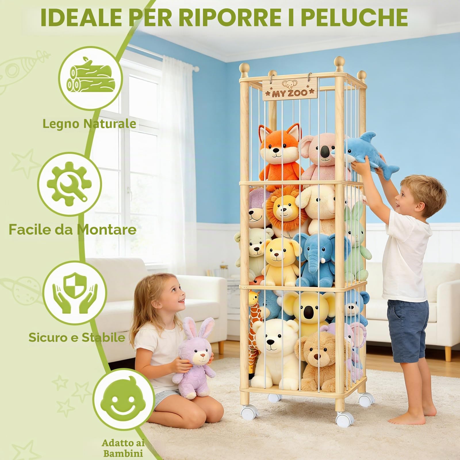 Porta Peluche Design Zoo in Legno,Organizer per Peluche con Ruote Frenate,Organizer per 𝐆𝐢𝐨𝐜𝐚𝐭𝐭𝐨𝐥𝐢 Salvaspazio con Grande Capacità,136 cm,per Cameretta 𝐁𝐚𝐦𝐛𝐢𝐧𝐢 Stanza dei 𝐆𝐢𝐨𝐜𝐡𝐢 | per riporre animali e giocattoli, 136 cm, con grande capacità, per il bagno