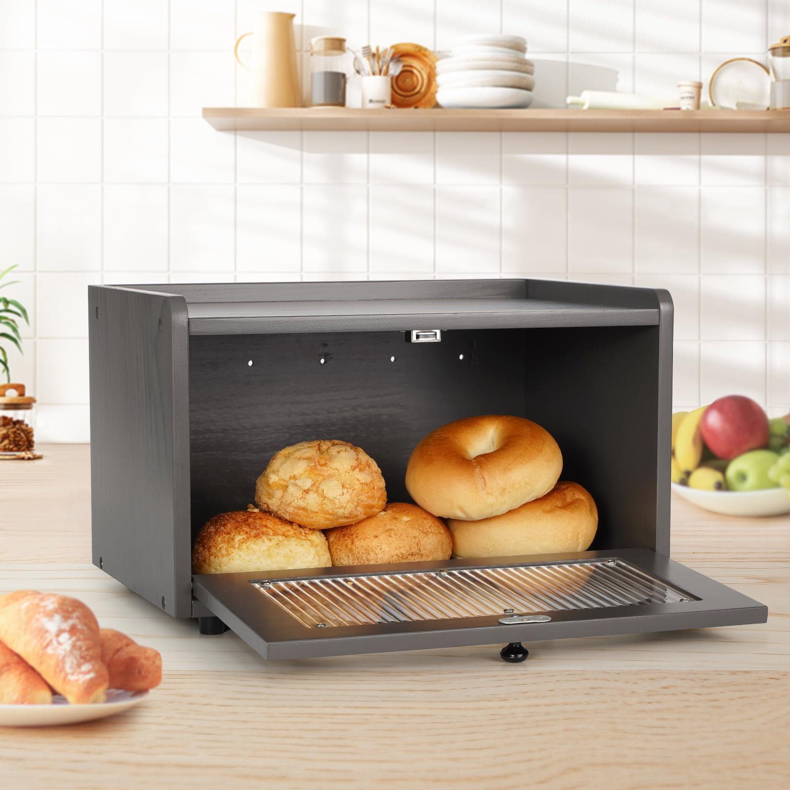 GUUSII HOME Brotkasten Holz Brotbox Küchentheke Brotaufbewahrung Zirbenholz Brot Aufbewahrungsbox Küche Brotbehälter Brot Aufbewahren mit Magnetisch Acryltür Bread Box Bin 36.5x23.5x22cm(Grau)